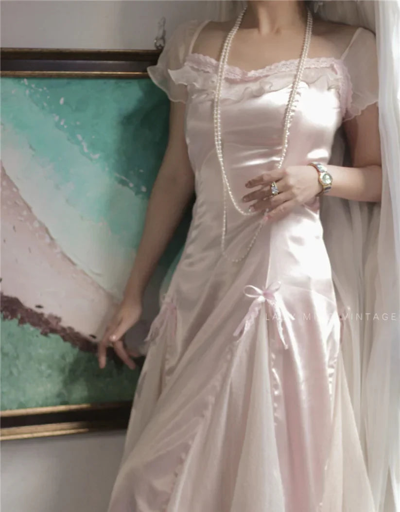 Vintage Mermaid Square Neck Sheer-Sleeve Open Back Satin Tulle Floor-Length Evening Dress
