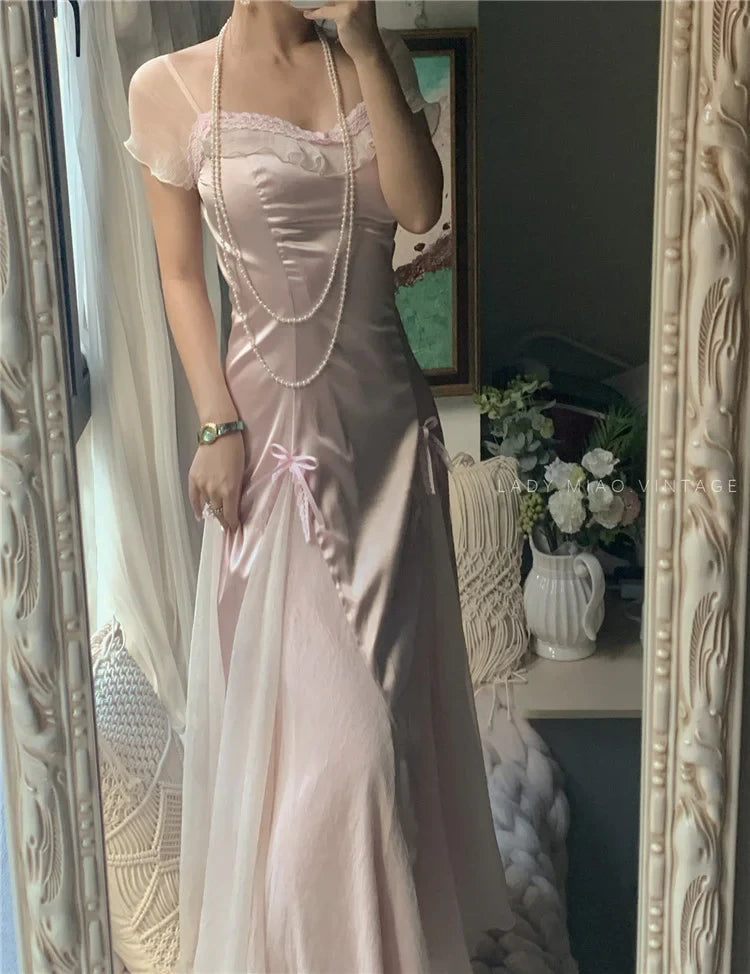 Vintage Mermaid Square Neck Sheer-Sleeve Open Back Satin Tulle Floor-Length Evening Dress
