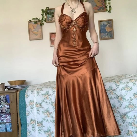 Vintage Mermaid Sweetheart Neck Halter-Strap Open Back Embellished Satin Maxi Evening Dress
