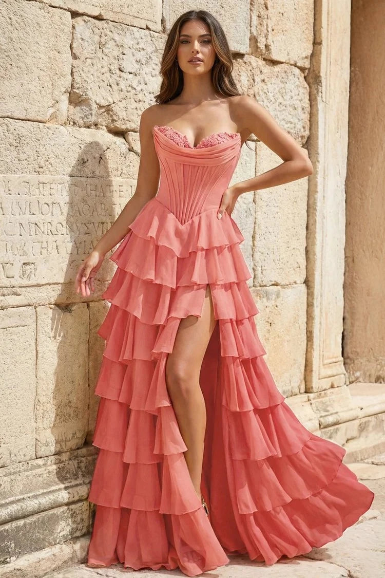 Glamorous Mermaid Sweetheart Strapless Lace-Up-Back Ruffled-Hem Floor-Length Prom Dress
