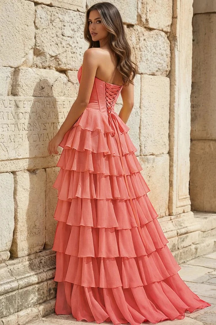 Glamorous Mermaid Sweetheart Strapless Lace-Up-Back Ruffled-Hem Floor-Length Prom Dress