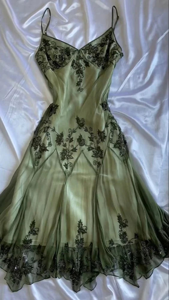 Vintage Midi V-Neck Spaghetti Strap Open Back Beaded Evening Dress