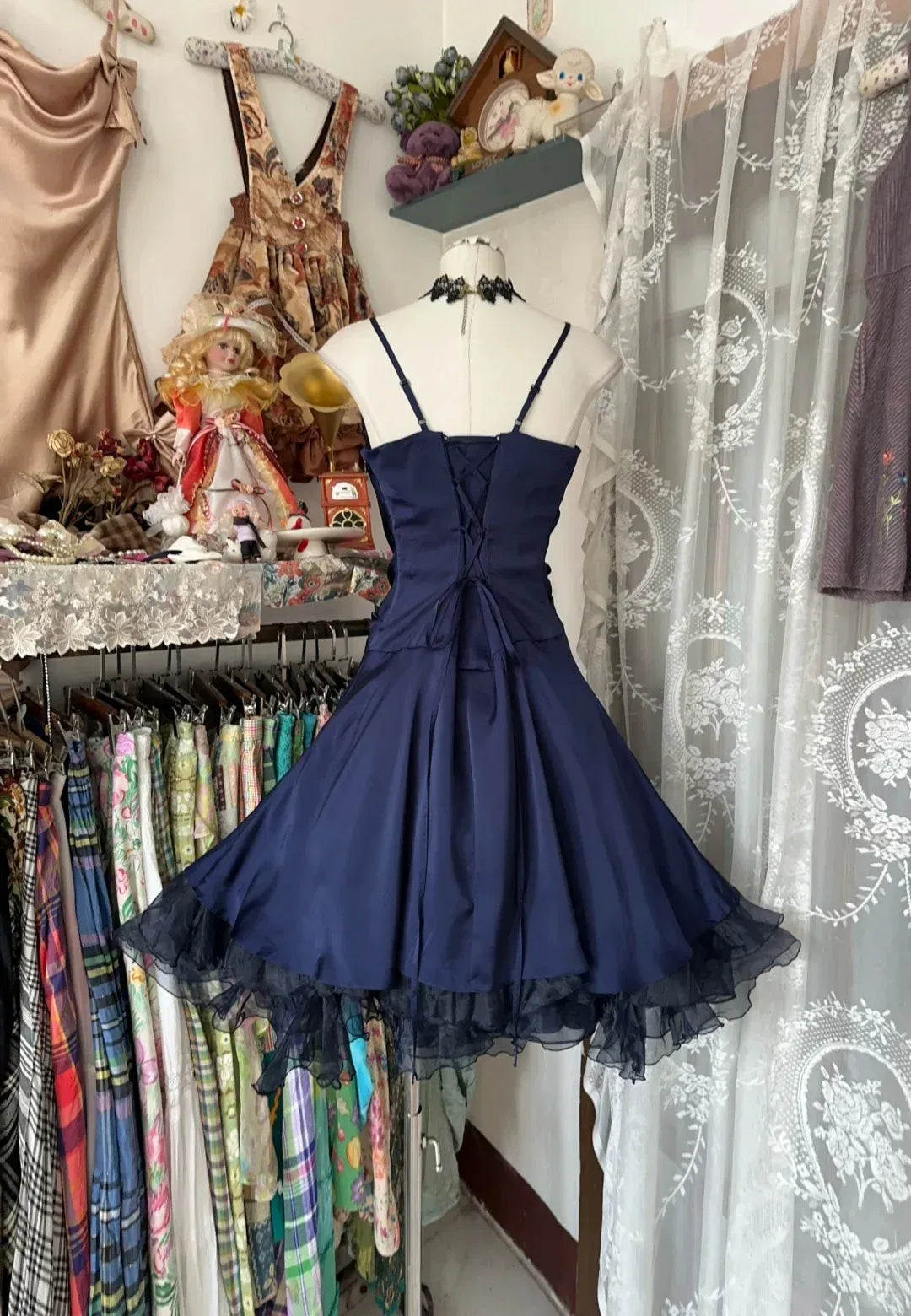 Vintage Spaghetti Strap Side Ruched Lace Hem Navy Mini Homecoming Dress