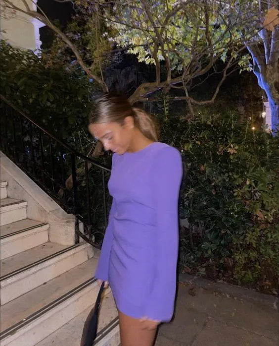 Violet Round Neck Shoulder Pad Flare Sleeve Open Back Mini Homecoming Dress