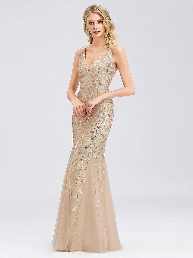 Wholesa Sparkle Sexy Prom Formal Evening Valentine's Day Dress V Neck Sleeveless Floor Length Tulle Sequined with Sequin Appliques
