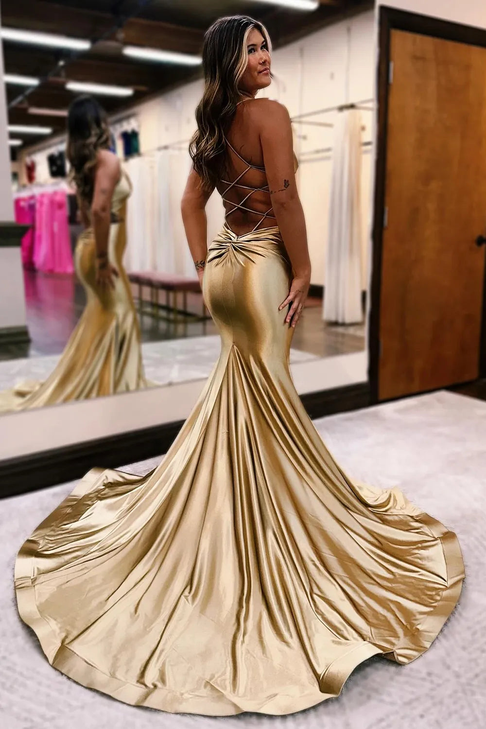 Wholesa Mermaid Spaghetti Straps Lace Up Long Metallic Prom Dress