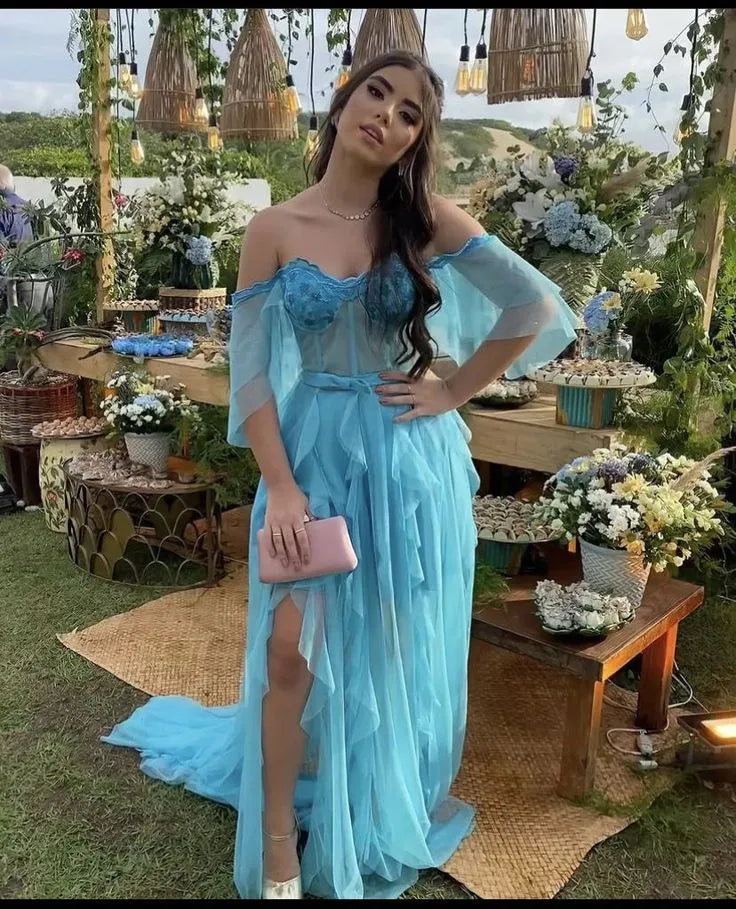 Whimsical A-Line Off-the-Shoulder Sheer Sleeve Plain Back Floor Length Formal Evening Dress