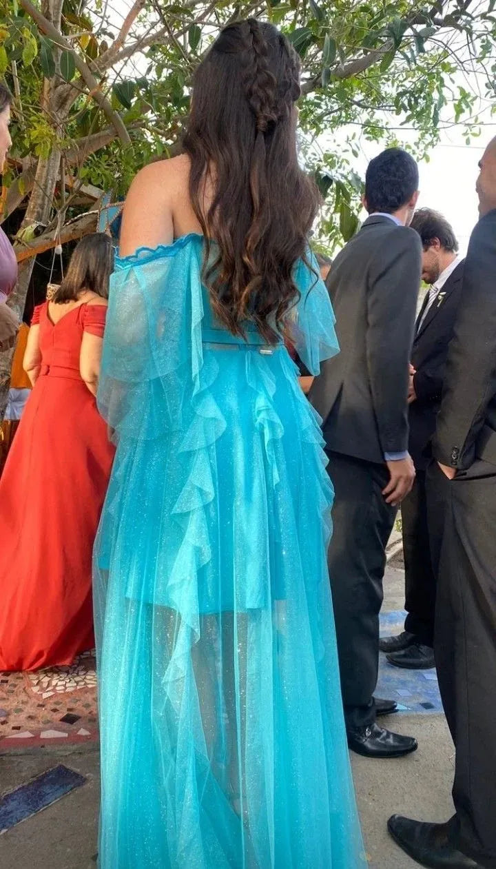 Whimsical A-Line Off-the-Shoulder Sheer Sleeve Plain Back Floor Length Formal Evening Dress