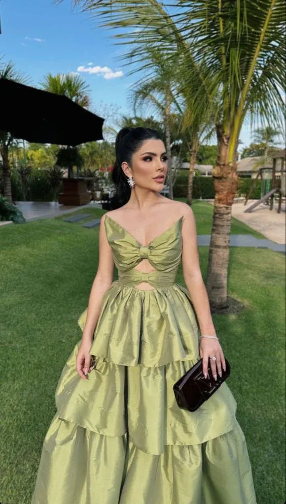 Whimsical A-Line Strapless Cut-Out Tiered Floor Length Formal Evening Dress