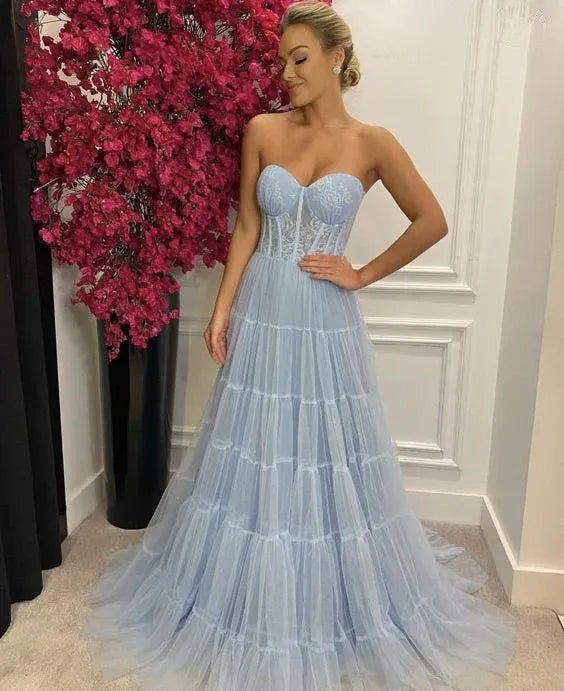 Whimsical A-Line Strapless Sweetheart Corset Tiered Floor Length Formal Evening Dress