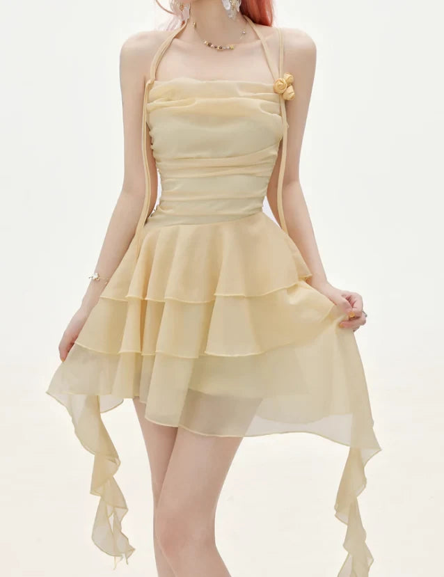 Whimsical A-Line Halter Sleeveless Open Back Short Tiered Ruffle Homecoming Dress with Floral Appliqué