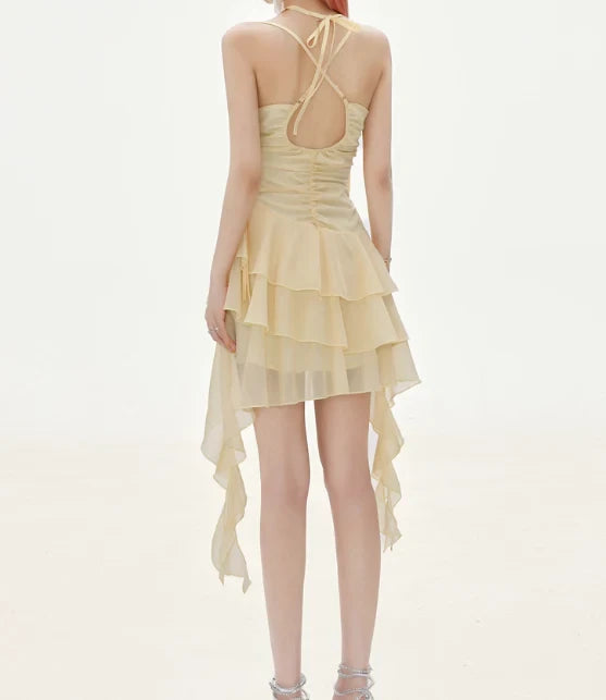 Whimsical A-Line Halter Sleeveless Open Back Short Tiered Ruffle Homecoming Dress with Floral Appliqué