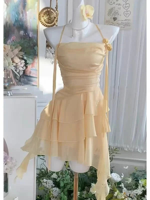 Whimsical A-Line Halter Sleeveless Open Back Short Tiered Ruffle Homecoming Dress with Floral Appliqué