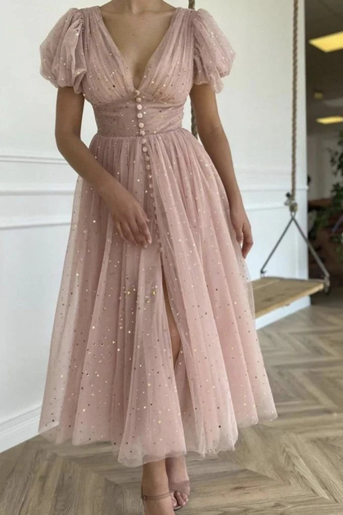 Whimsical A-Line V-Neck Puffy Short Sleeve Button-Front Glitter Tulle Midi Homecoming Dresses