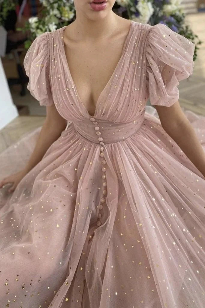Whimsical A-Line V-Neck Puffy Short Sleeve Button-Front Glitter Tulle Midi Homecoming Dresses