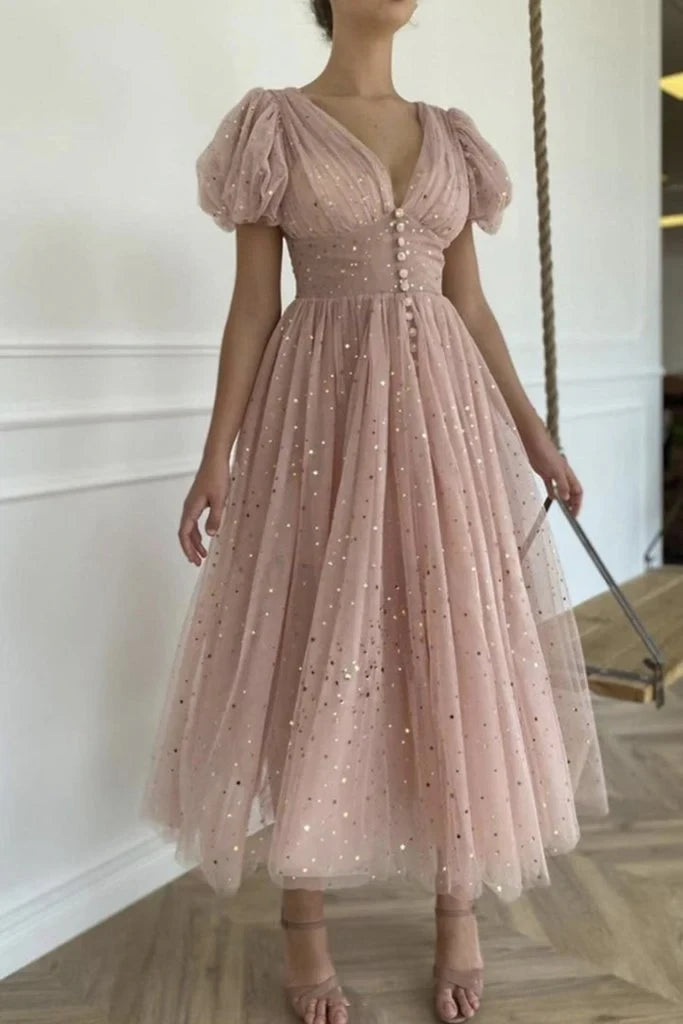 Whimsical A-Line V-Neck Puffy Short Sleeve Button-Front Glitter Tulle Midi Homecoming Dresses