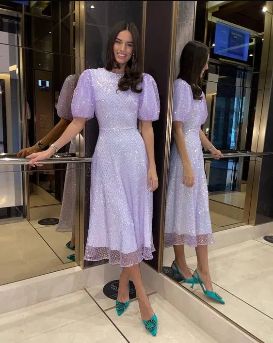 Whimsical A‑Line Crew‑Neck Puffed‑Short‑Sleeve Sequin Midi Formal Dress