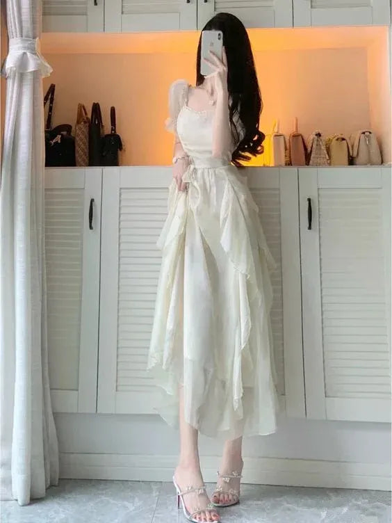 Whimsical A‑Line Square‑Neck Puffed‑Short‑Sleeve Ruffled‑Midi Prom Dress