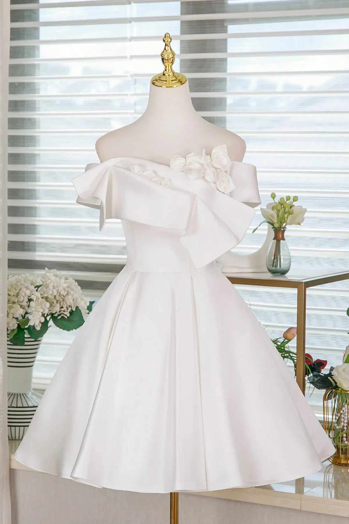 White Off Shoulder Floral Applique Corset Back A-Line Homecoming Dress