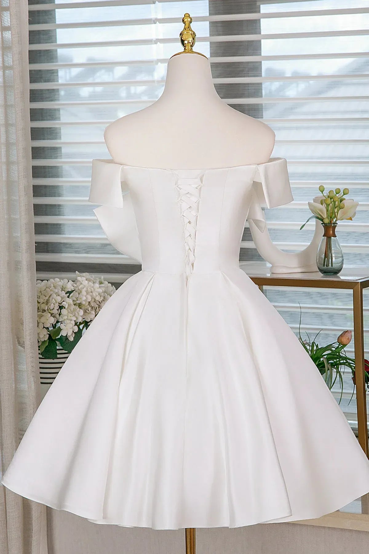 White Off Shoulder Floral Applique Corset Back A-Line Homecoming Dress