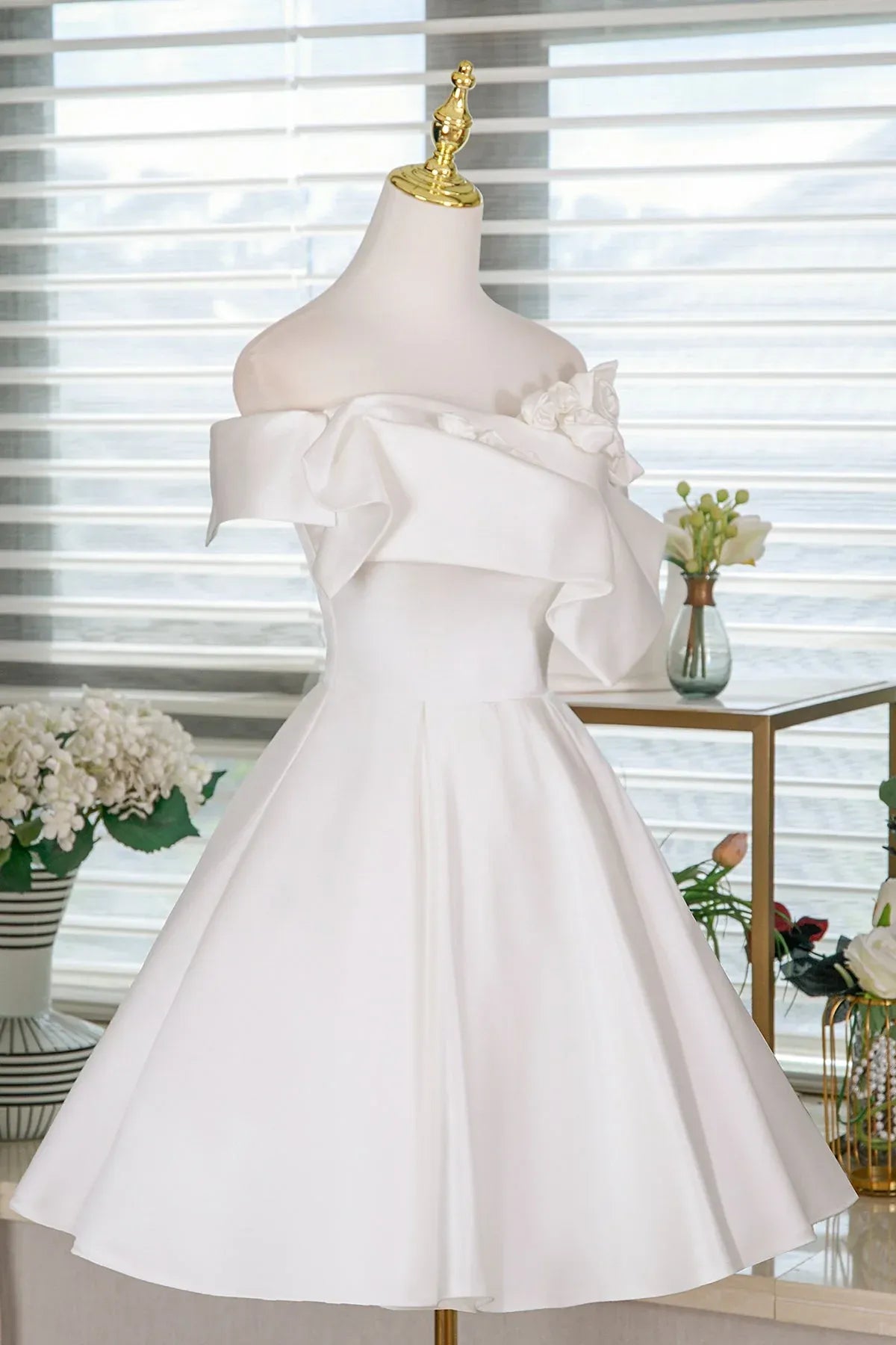 White Off Shoulder Floral Applique Corset Back A-Line Homecoming Dress