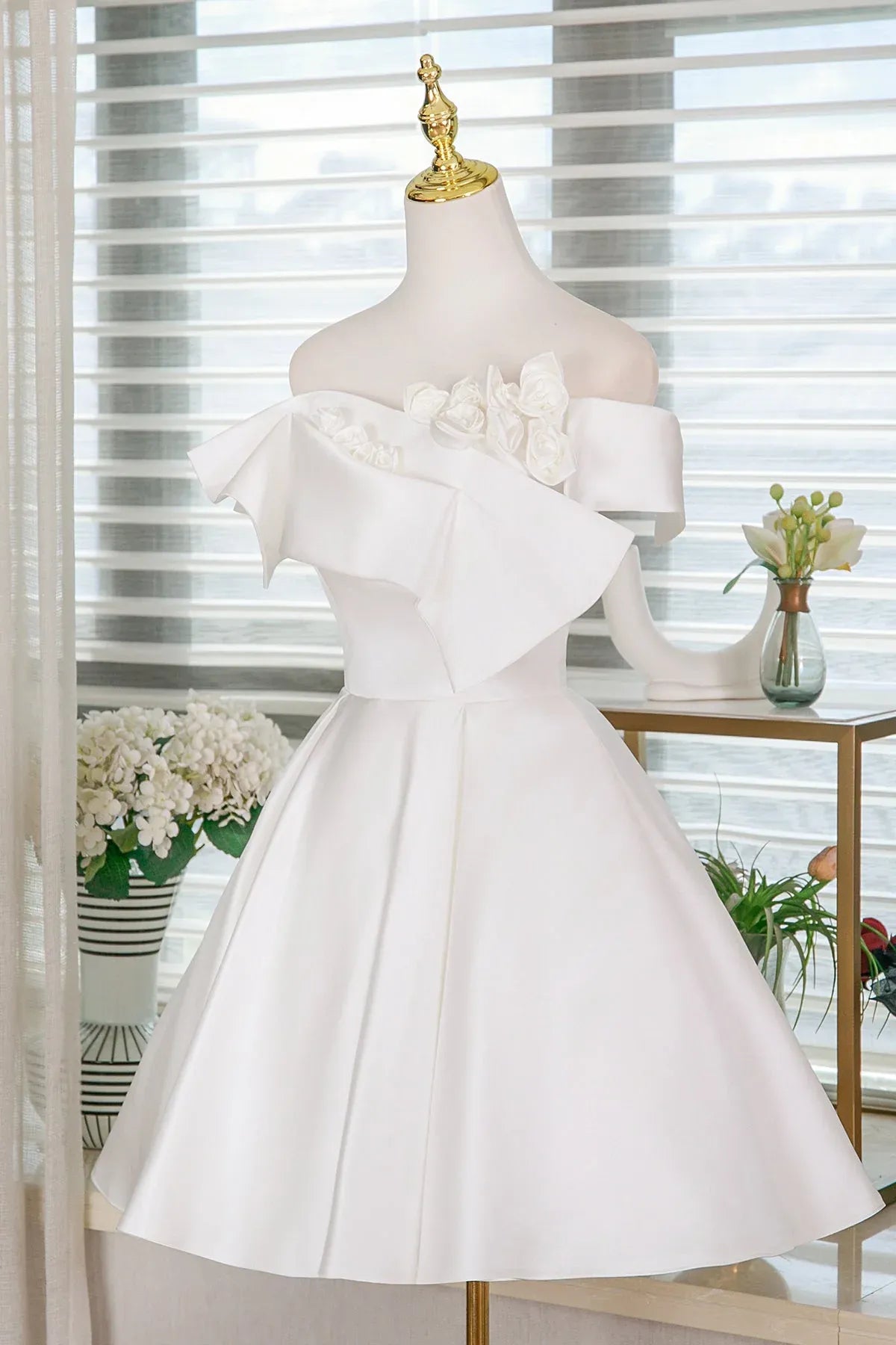 White Off Shoulder Floral Applique Corset Back A-Line Homecoming Dress