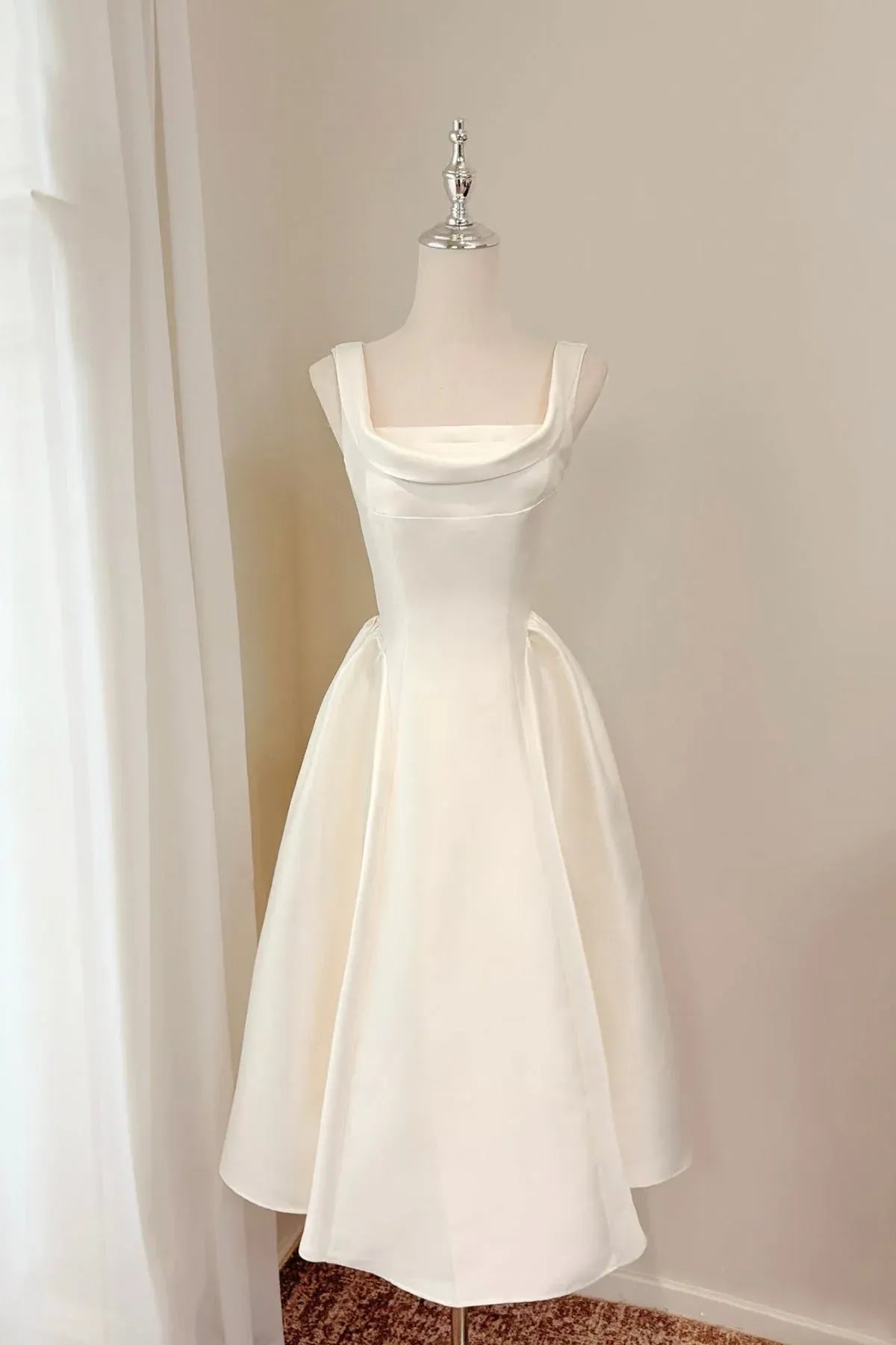 White Square Neck Cowl Neck A-Line Midi Homecoming Dress