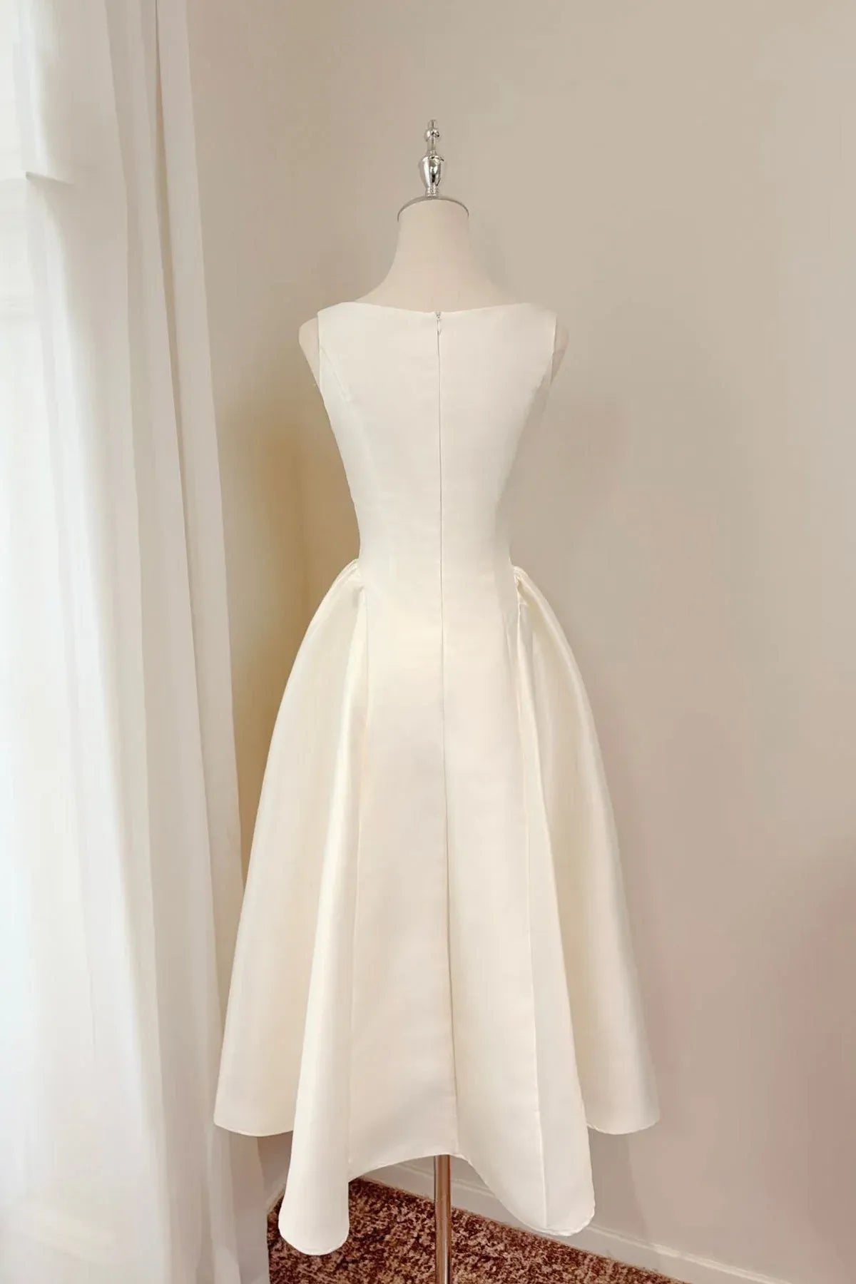 White Square Neck Cowl Neck A-Line Midi Homecoming Dress