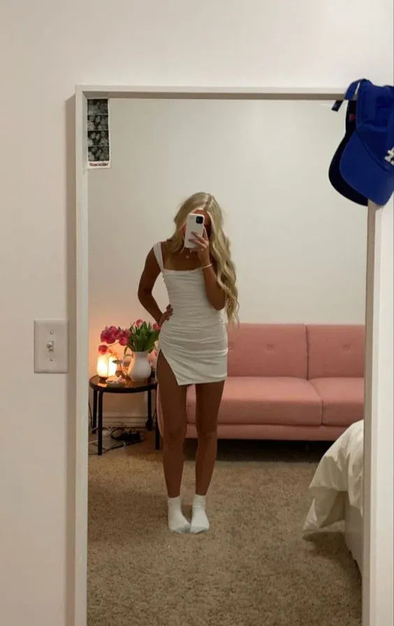 White Square Thick Strap Side Ruched Asym Slit Mini Homecoming Dress