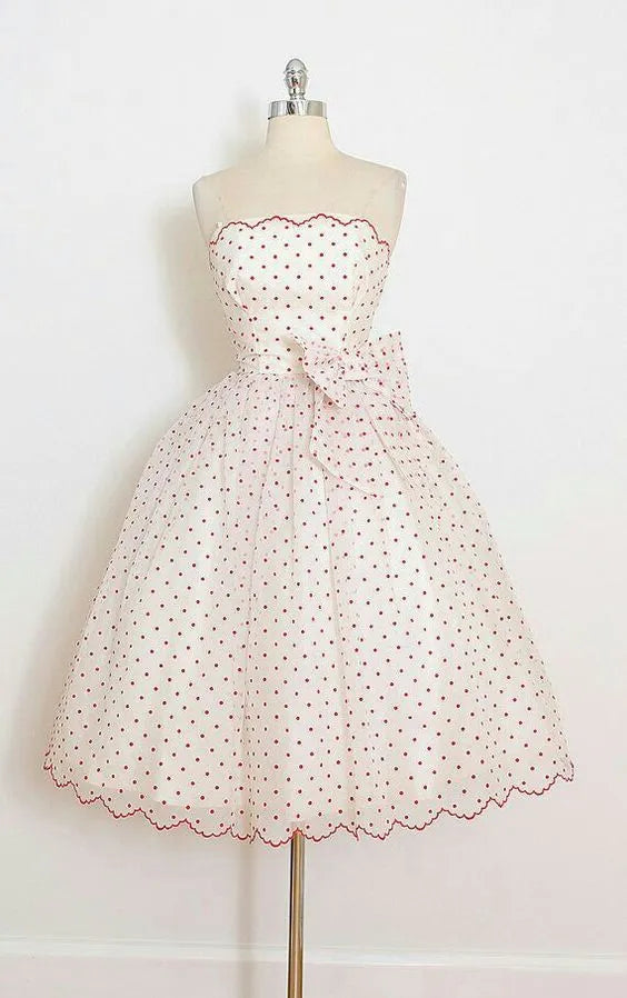 White Strapless Red Polka Dot Bow Waist A-Line Midi Homecoming Dress