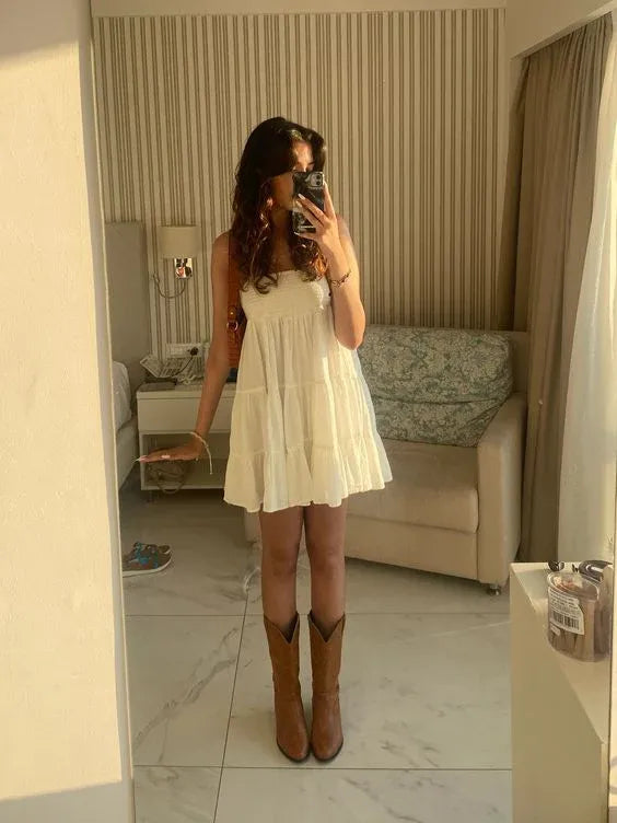 White Strapless Tiered Ruffle Hem A-Line Mini Homecoming Dress