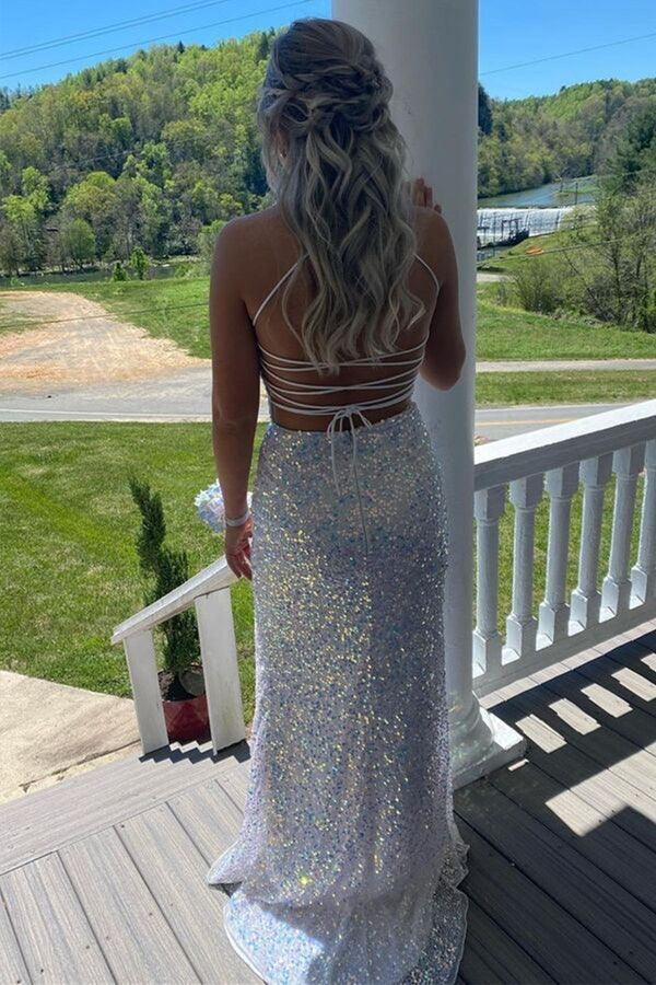 Wholesa Mermaid Sequins Backless White Long Prom Dresses Formal Dress