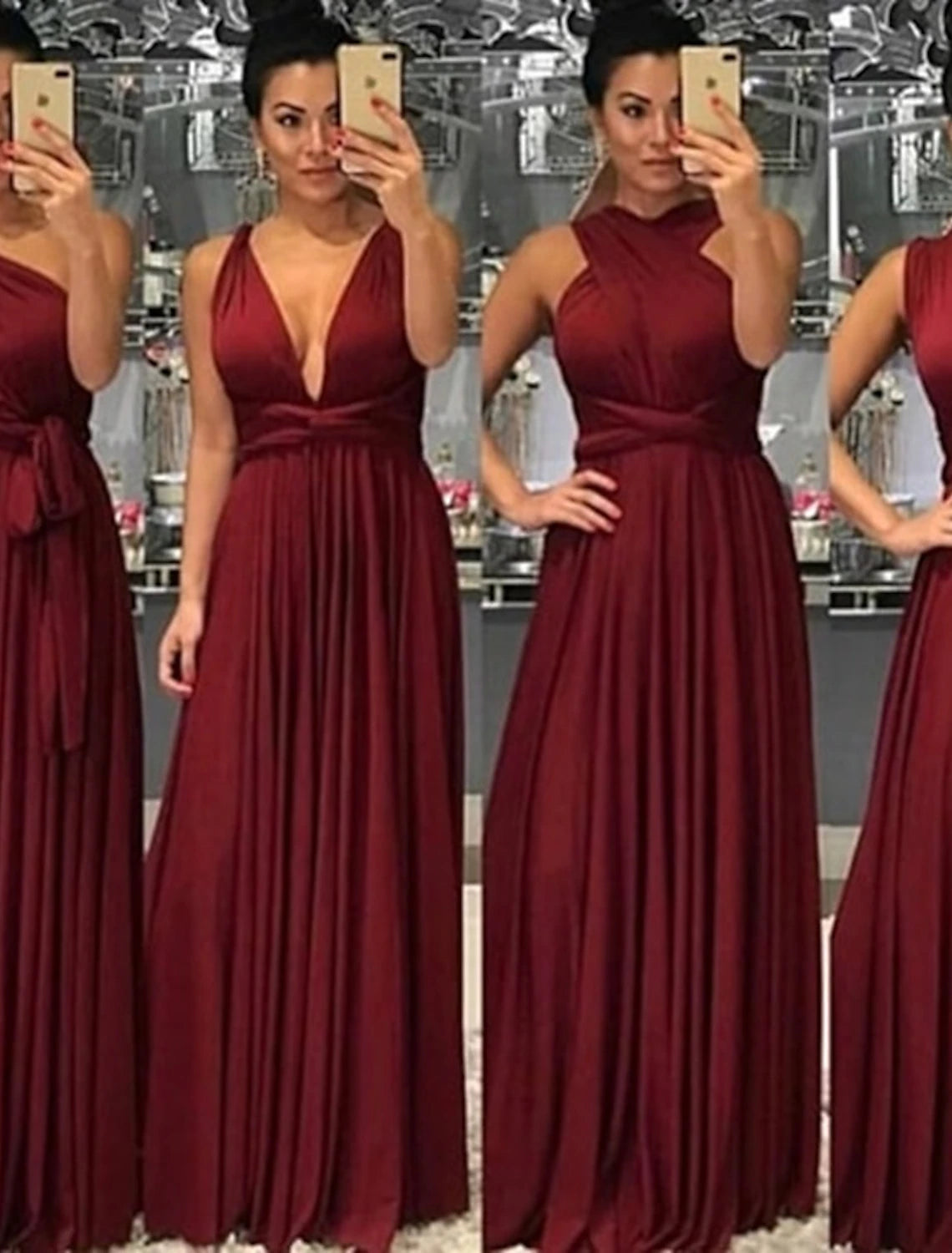 Wholesale Elegant A-Line V-Neck Convertible Pleated Floor-Length Bridesmaid Dress.