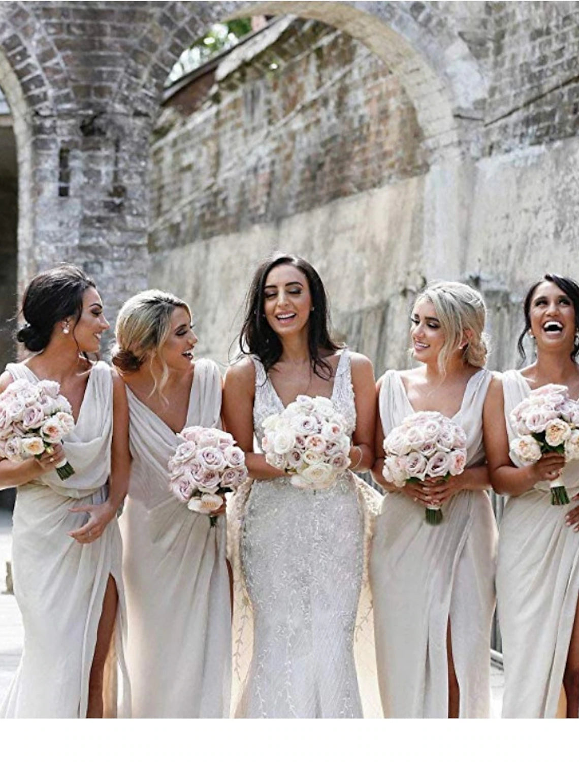 Elegant mermaid V-neck bridesmaid dress with pleats and sweep train.
