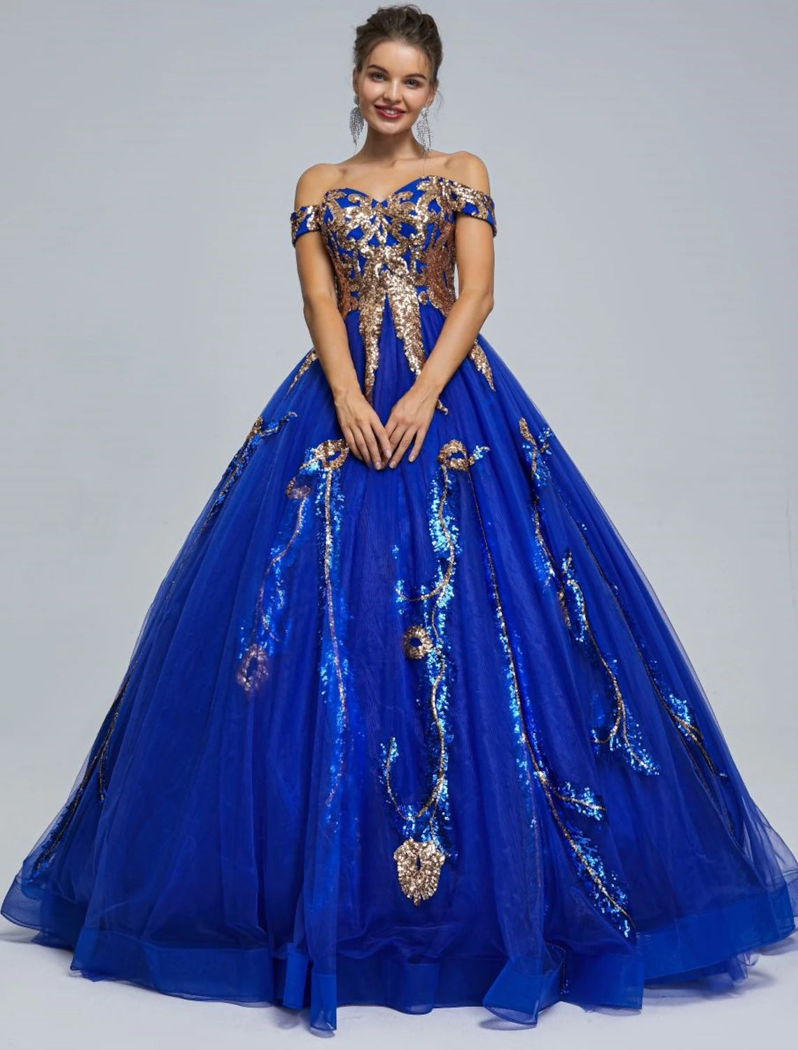 Sparkling Sequin Off-Shoulder Ball Gown for Prom and Quinceanera.