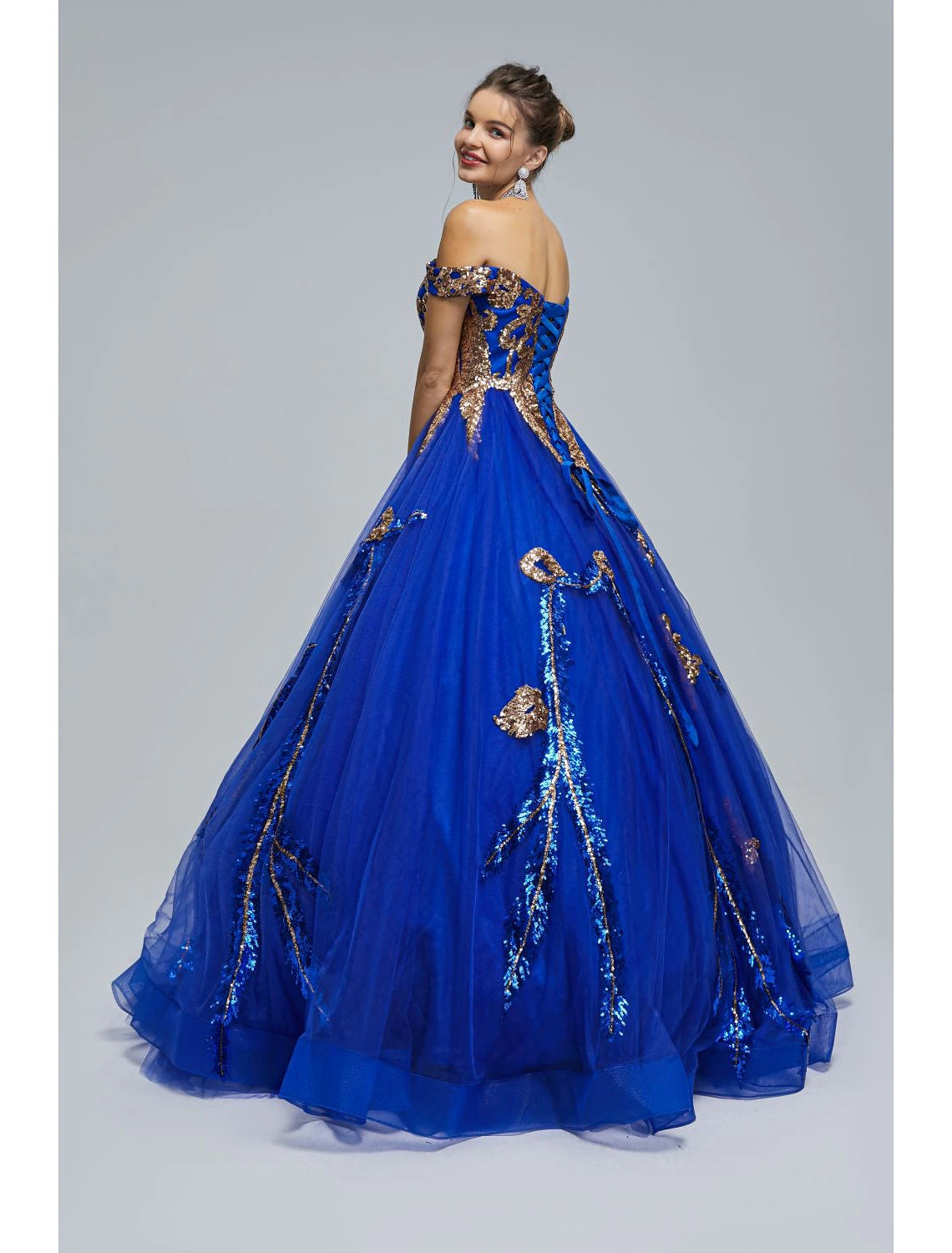 Sparkling Sequin Off-Shoulder Ball Gown for Prom and Quinceanera.