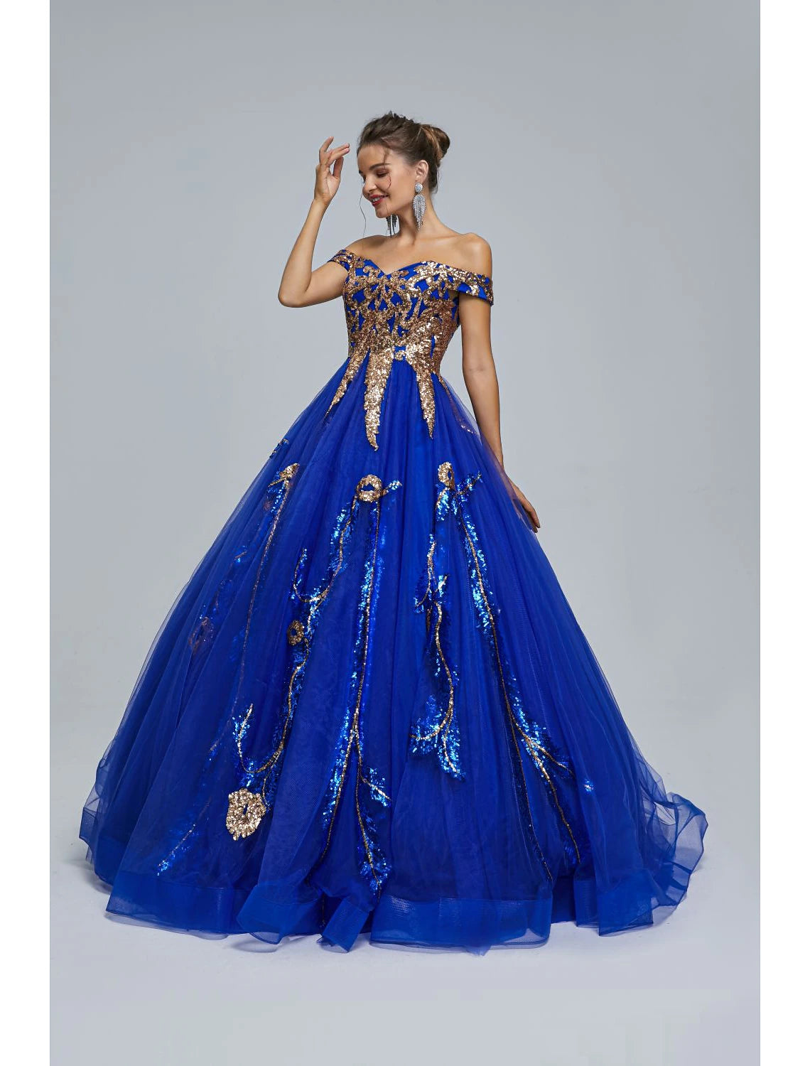 Sparkling Sequin Off-Shoulder Ball Gown for Prom and Quinceanera.