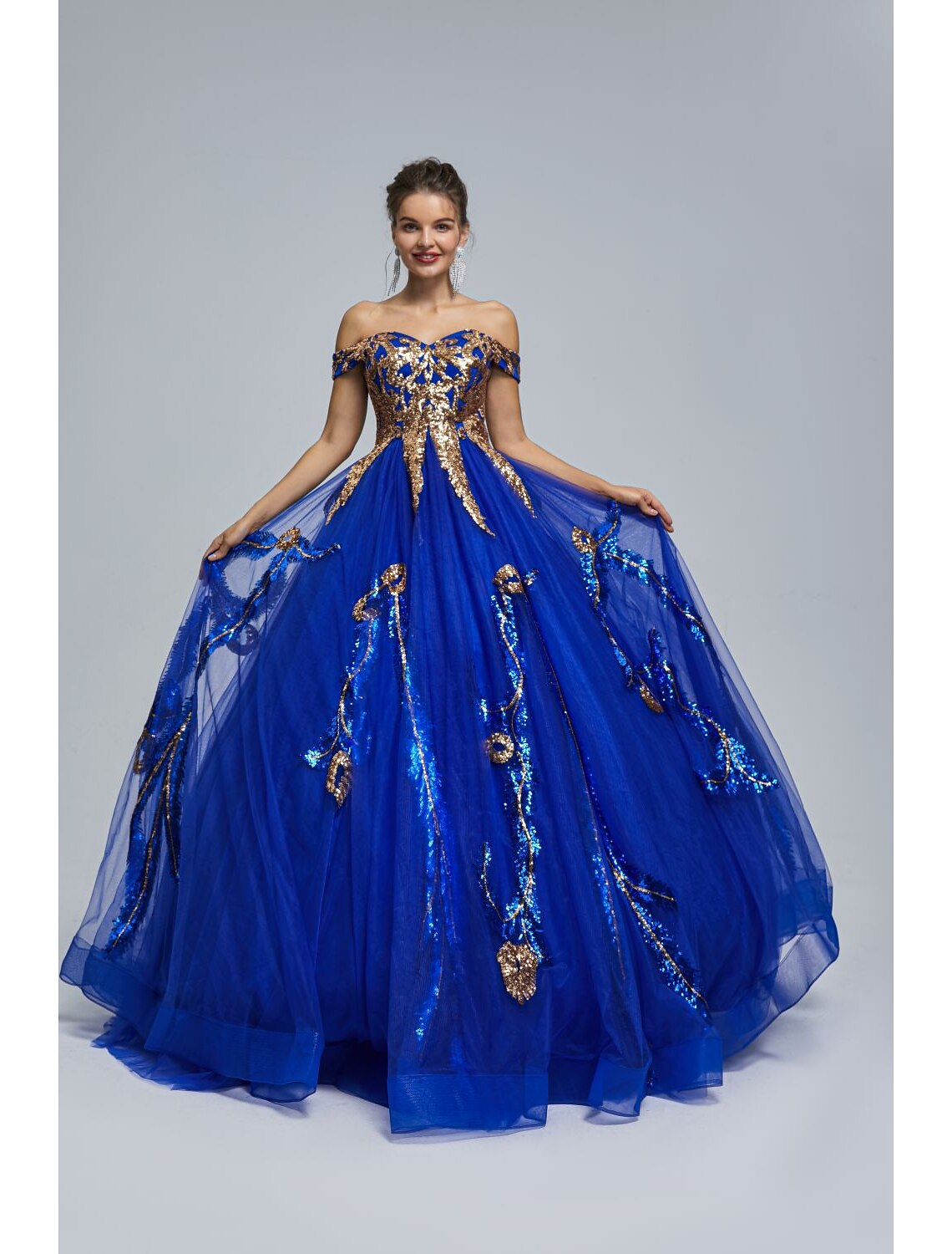 Sparkling Sequin Off-Shoulder Ball Gown for Prom and Quinceanera.