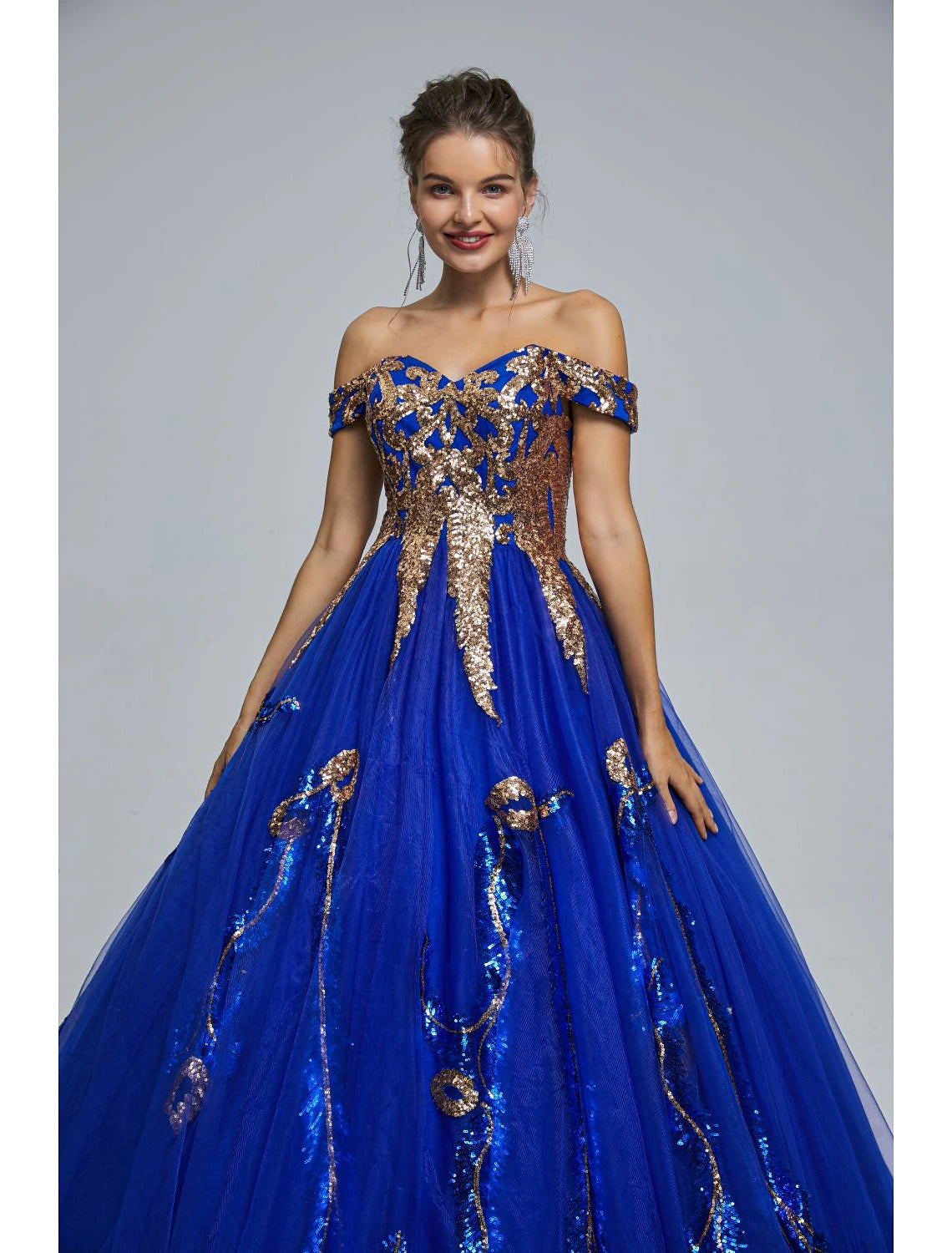 Sparkling Sequin Off-Shoulder Ball Gown for Prom and Quinceanera.