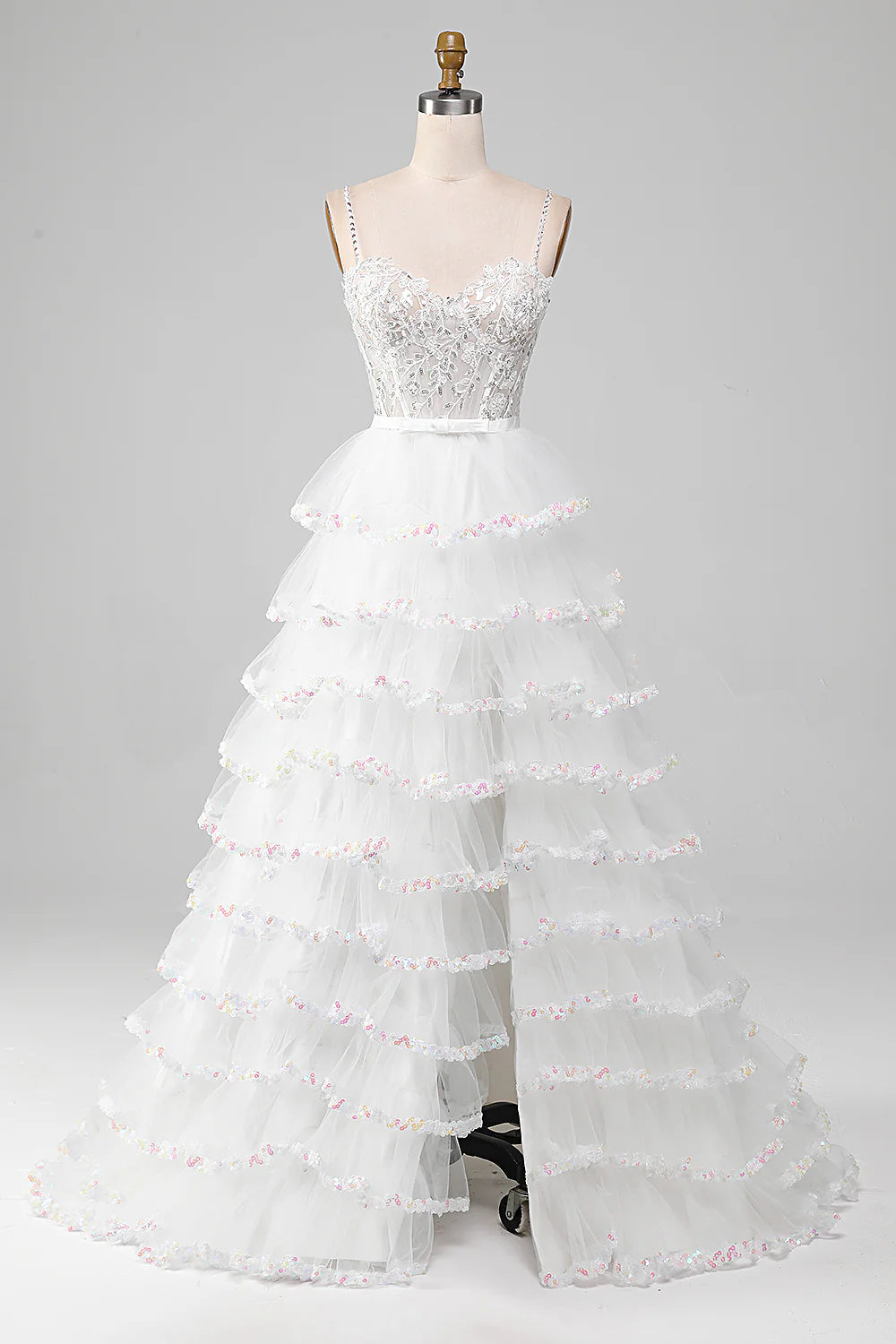 Wholesa A-Line Sparkly Sequin Ruffle Skirt Corset Prom Dress With Slit