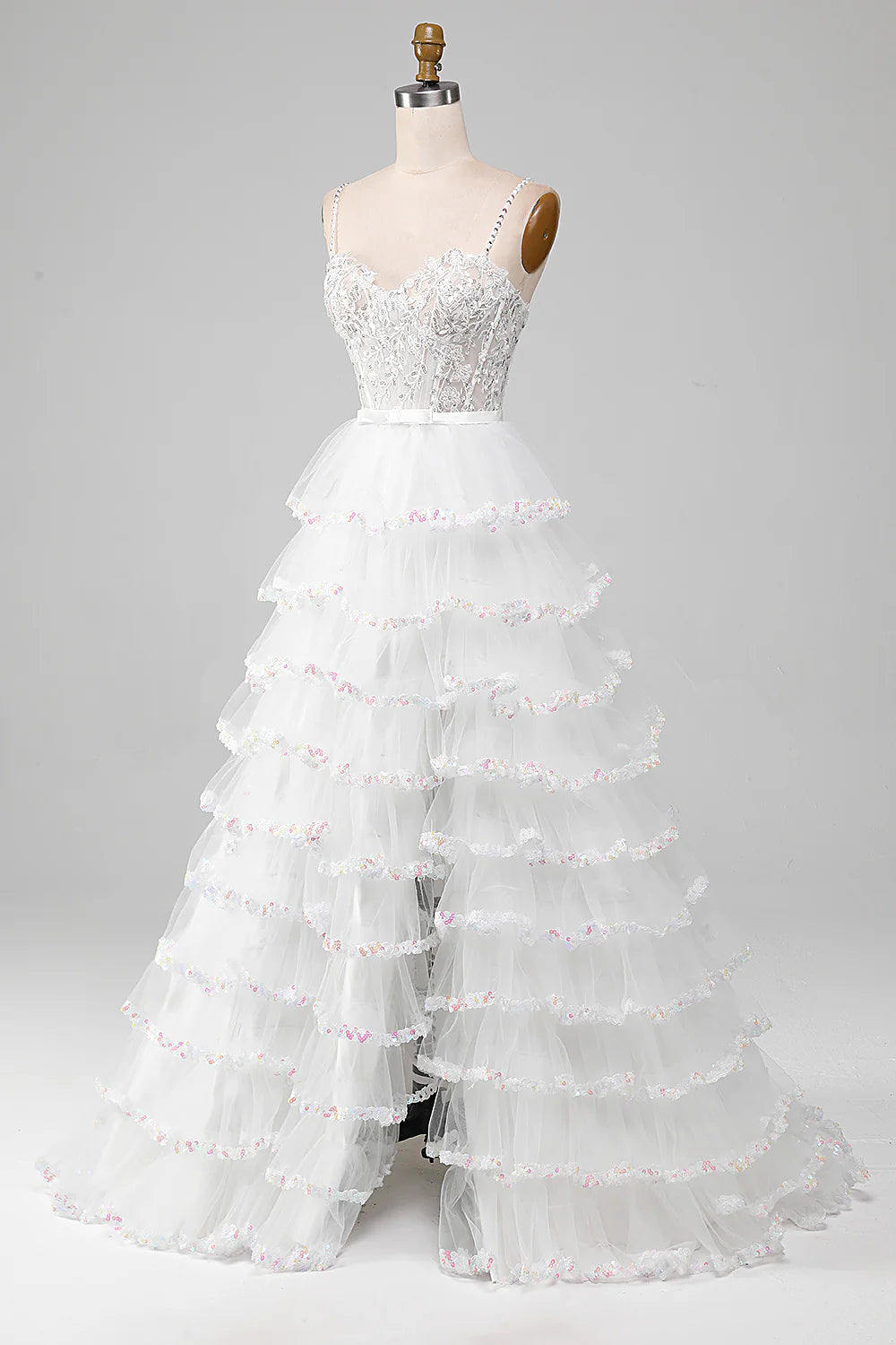 Wholesa A-Line Sparkly Sequin Ruffle Skirt Corset Prom Dress With Slit