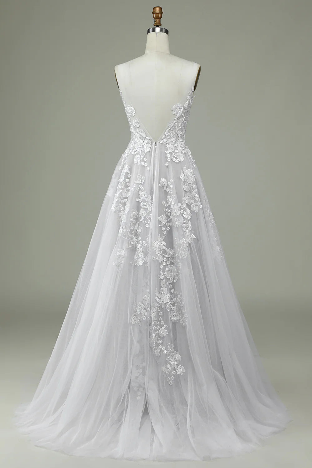 Wholesa Tulle Backless Wedding Dress with Lace