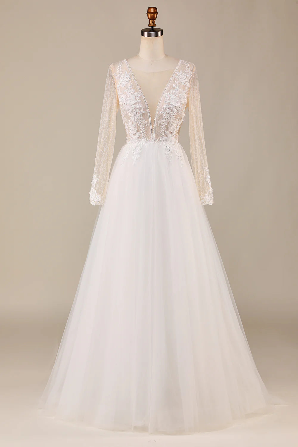 Wholesa A Line Deep V-Neck Tulle Sweep Train Wedding Dress with Lace