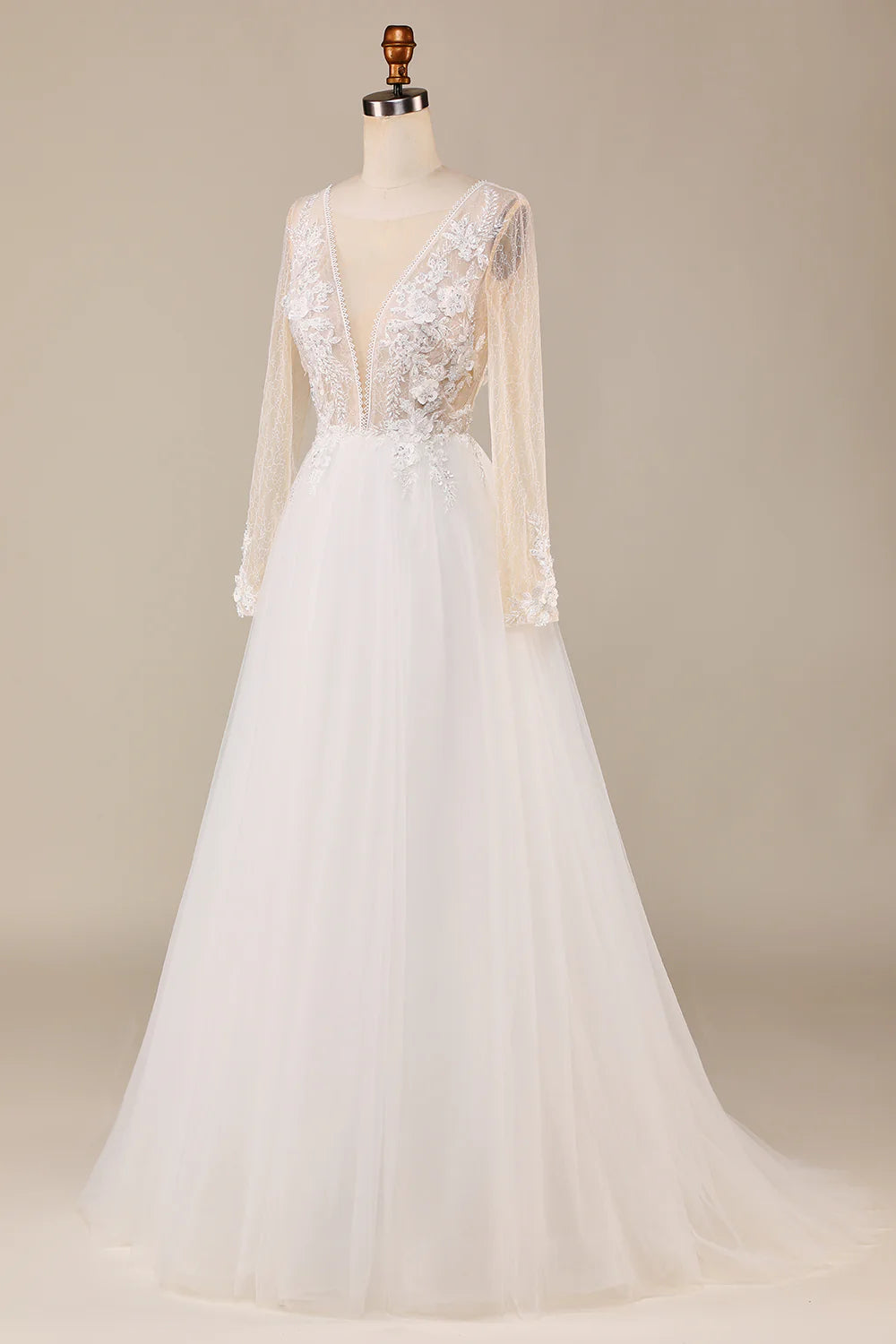 Wholesa A Line Deep V-Neck Tulle Sweep Train Wedding Dress with Lace
