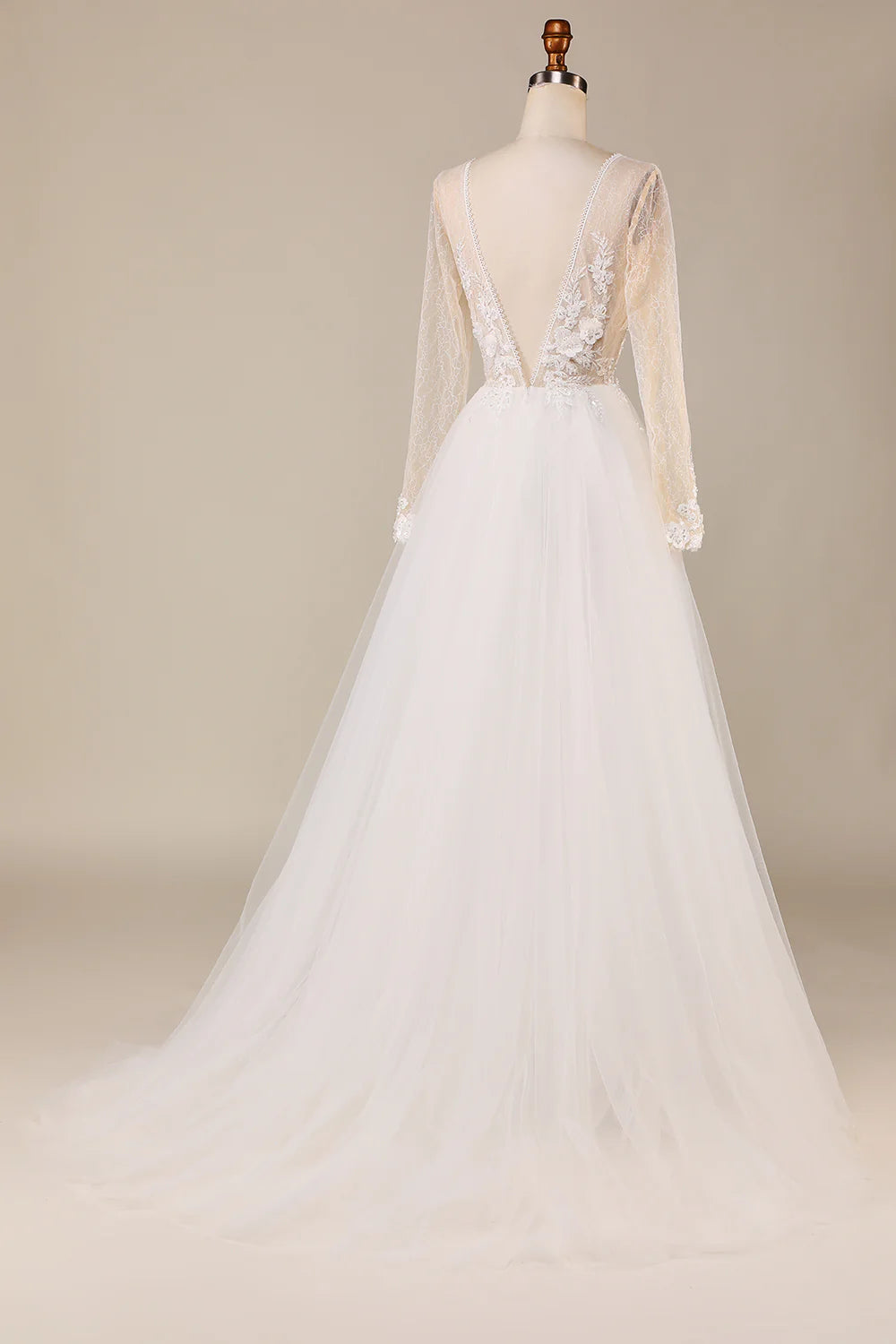 Wholesa A Line Deep V-Neck Tulle Sweep Train Wedding Dress with Lace