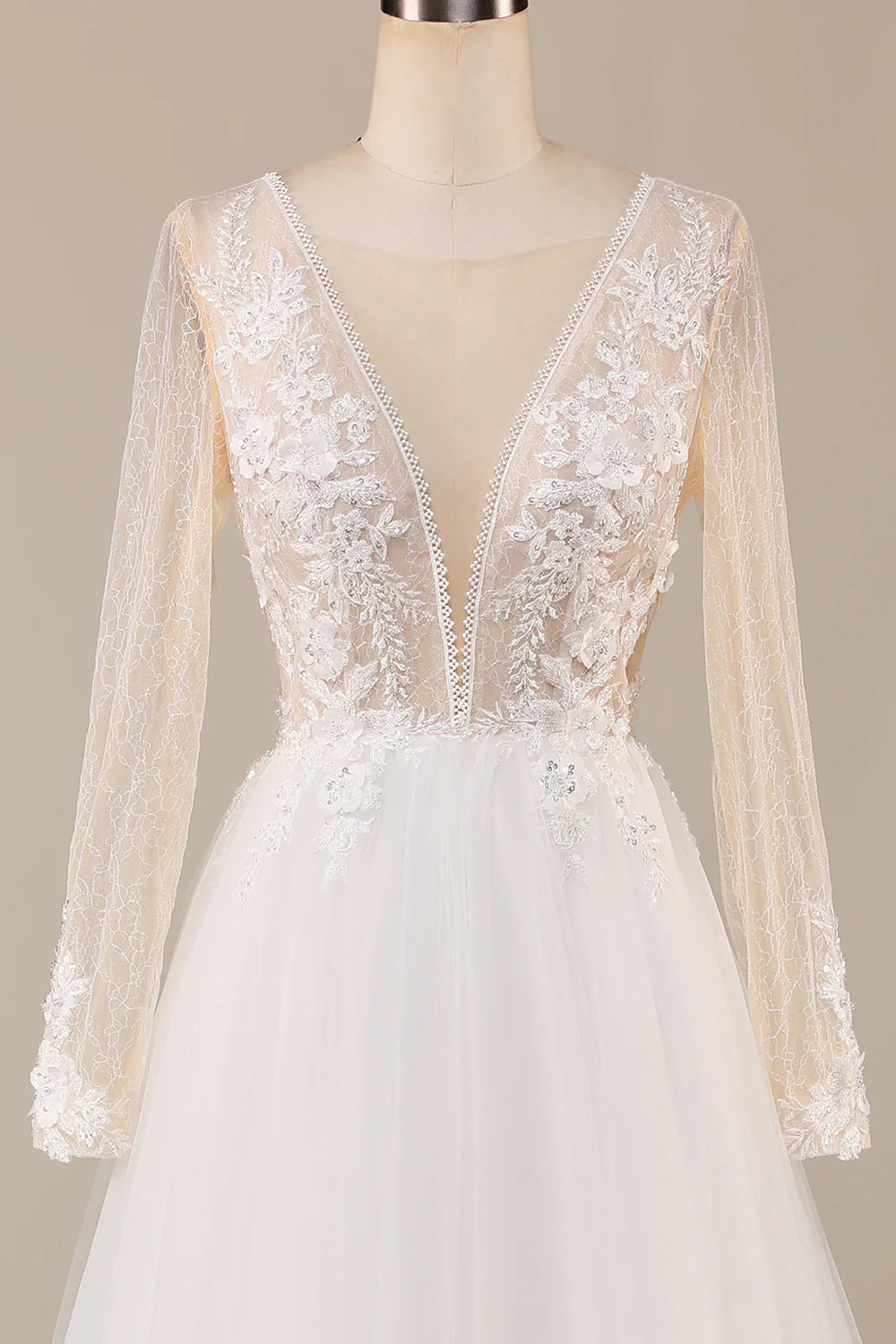 Wholesa A Line Deep V-Neck Tulle Sweep Train Wedding Dress with Lace
