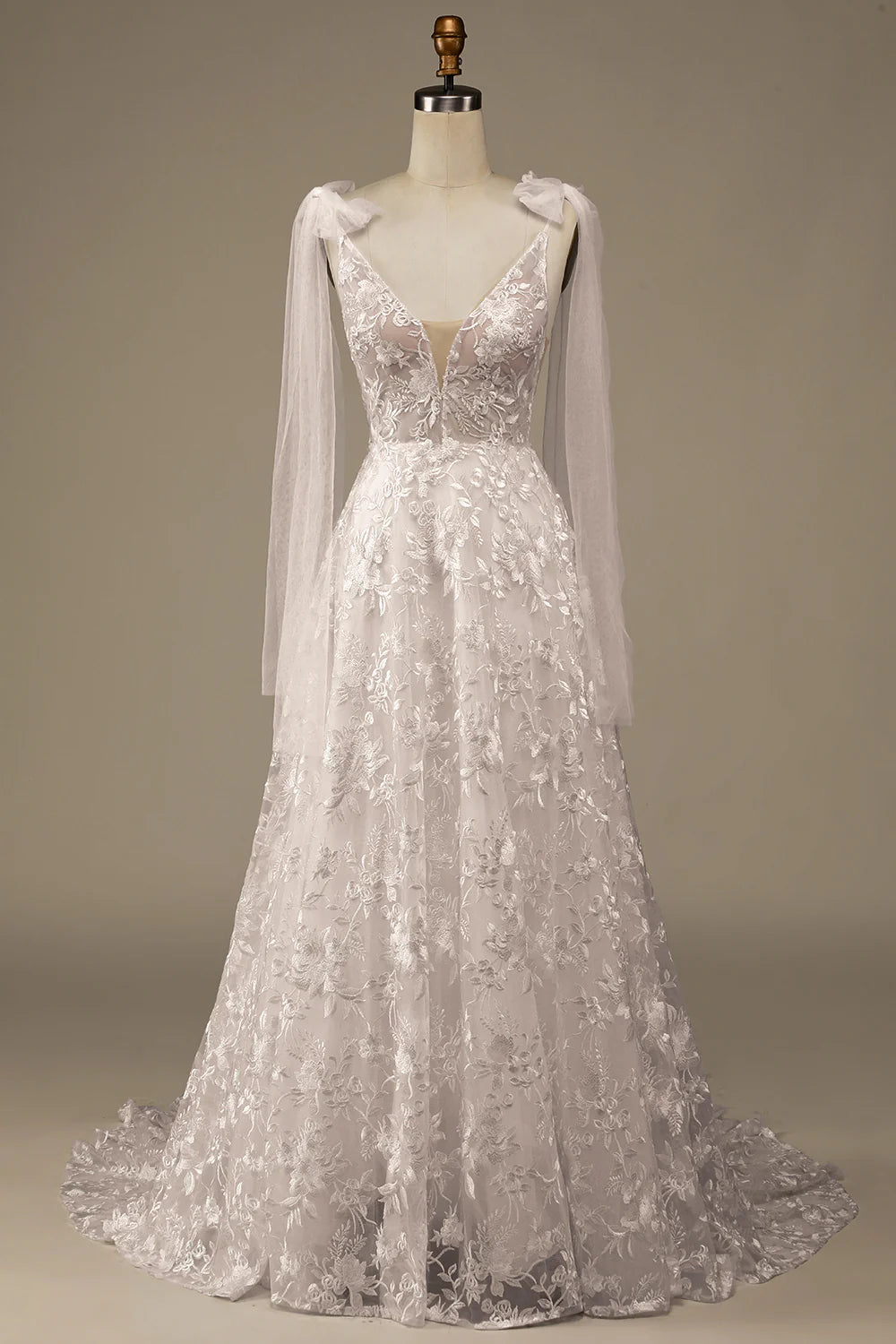 Wholesa V-Neck Lace A-Line Wedding Dress with Bowknot