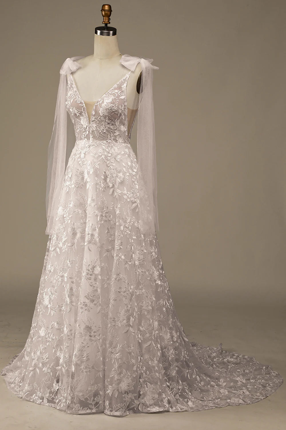 Wholesa V-Neck Lace A-Line Wedding Dress with Bowknot