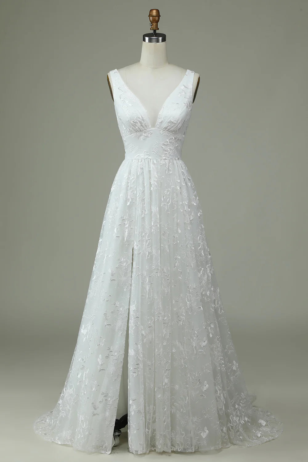Wholesa Lace V-Neck Wedding Dress with Slit