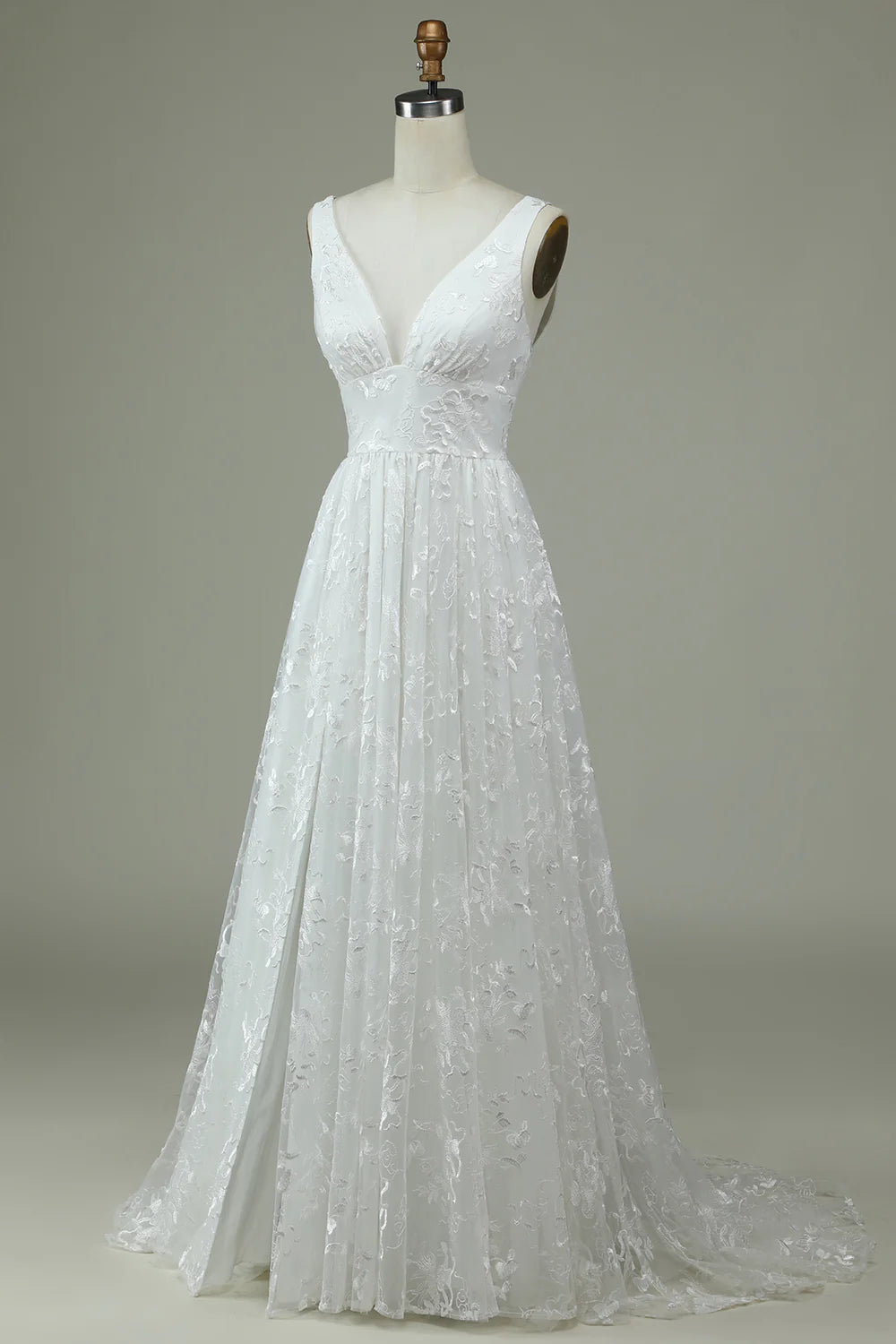 Wholesa Lace V-Neck Wedding Dress with Slit